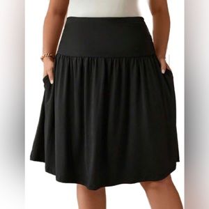 Plus Solid Black Slant Pocket Flare Skirt H/W New Casual Work Party 1x